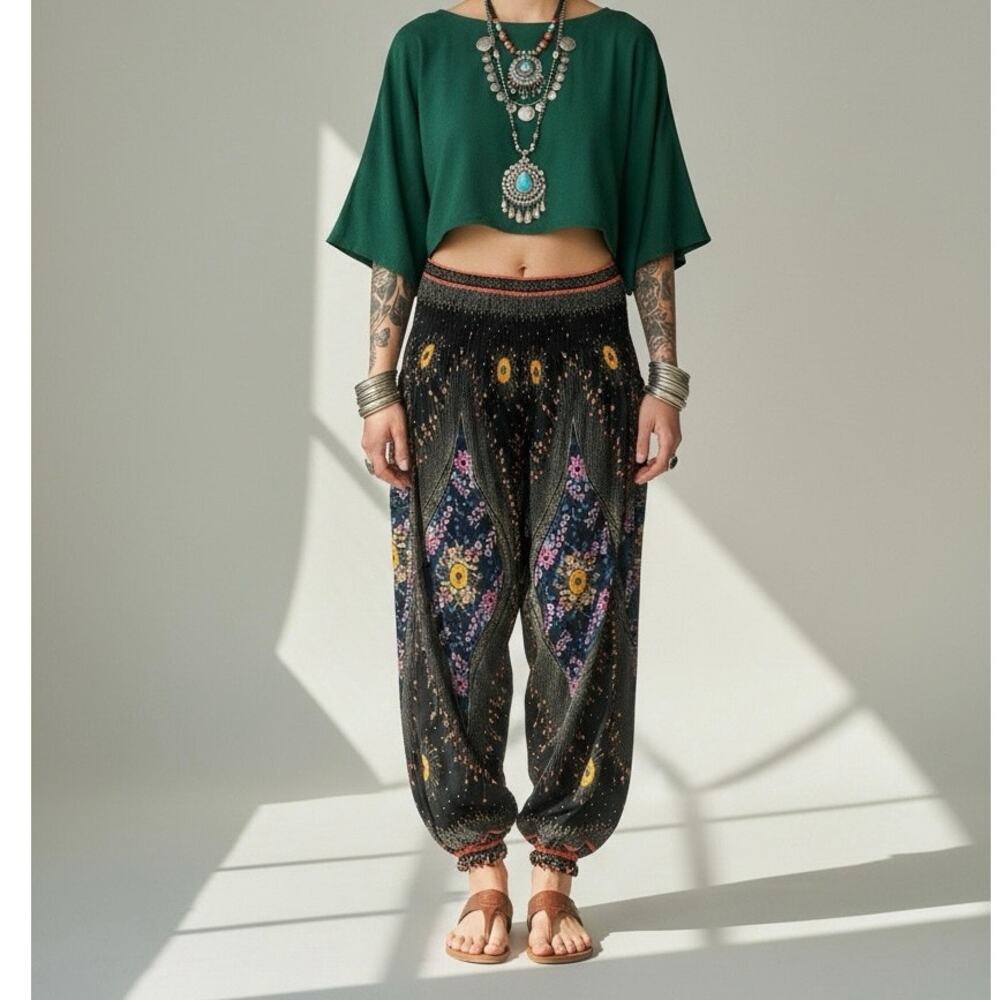 Black Peacock Eye Rayon Harem Pants Hippie Yoga Aladdin Festival M / L